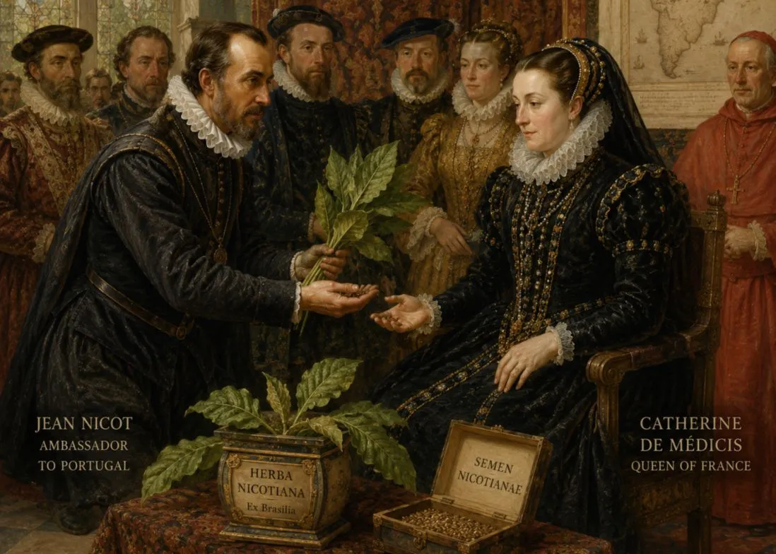Jean Nicot presenting tobacco leaves and seeds to Catherine de Médicis at the French royal court