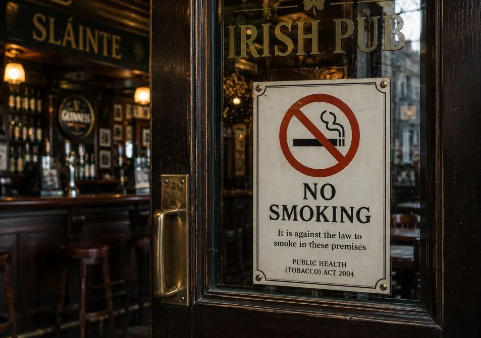 No Smoking sign on the door of a traditional Irish pub
