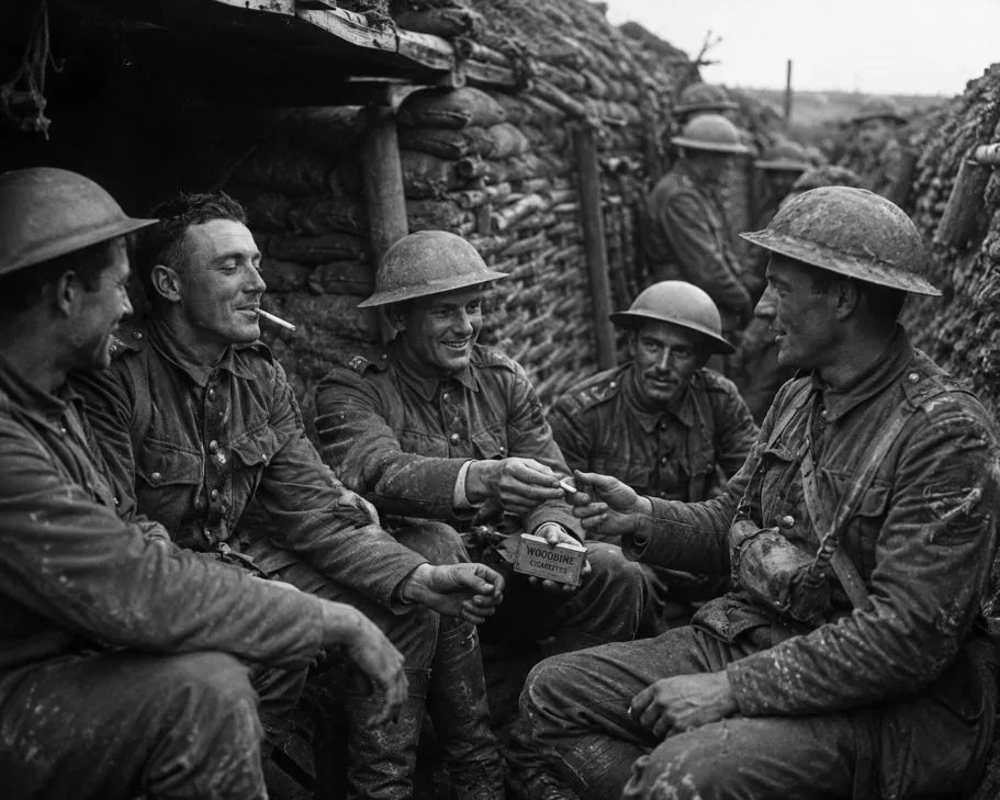 World War I trench scene showing soldiers sharing cigarettes